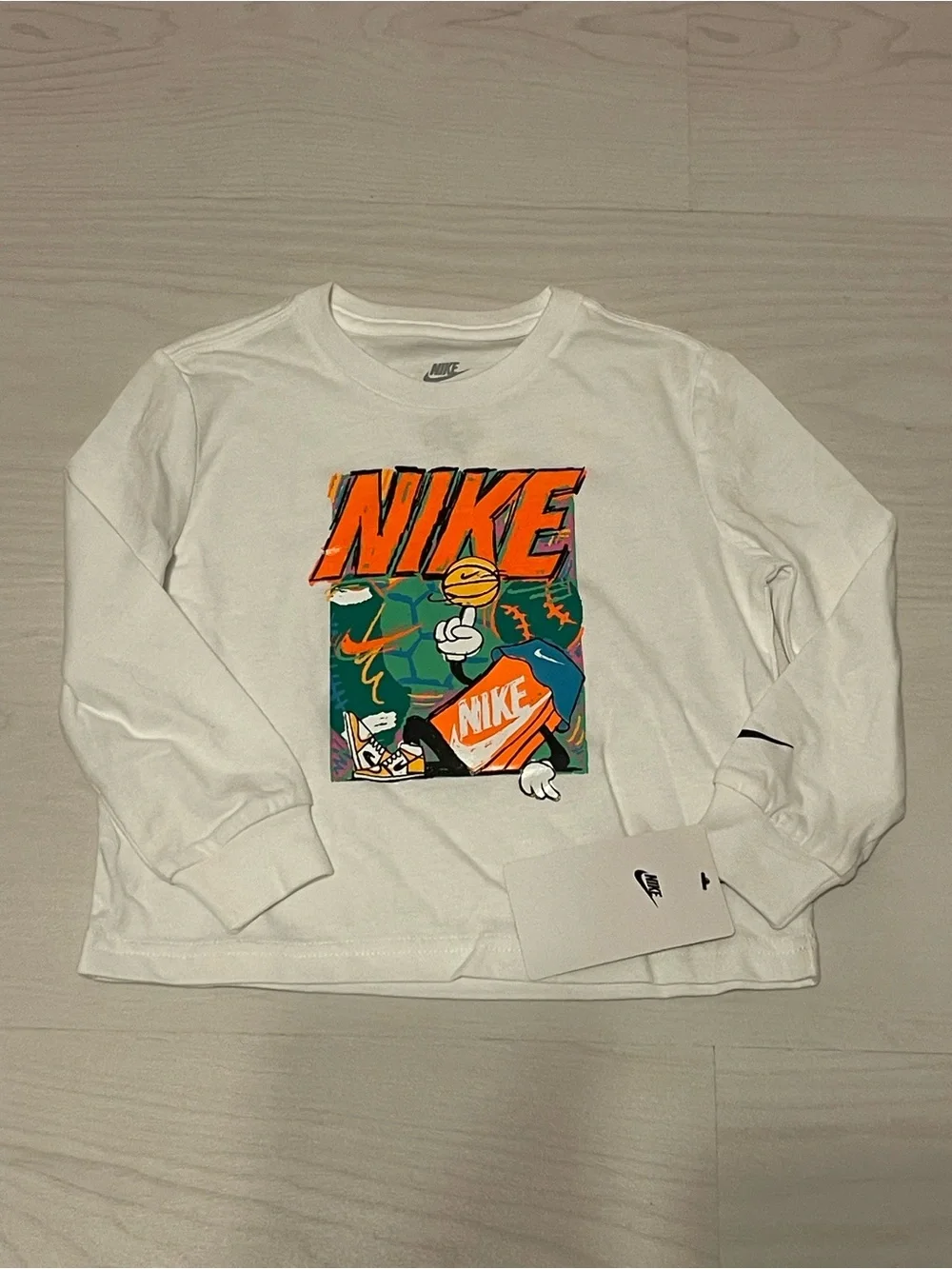 Nike White Long-Sleeve Tee with Orange and Green Graphic